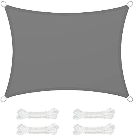 SONGMICS Vela de Sombra de 3 x 4 m, Impermeable con Columna de Agua de 665 mm, Protección Solar, Protección UV 93%, Terraza, Jardín, Balcón, Rectangular, Cuerdas de 2 m, Gris Ahumado GSH34GYV1