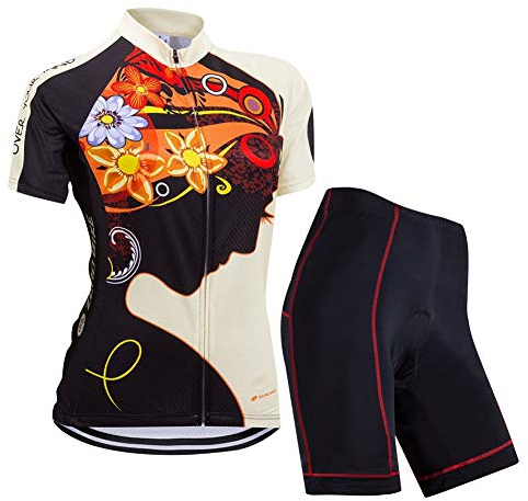 Damen Atmungsaktiv Schnelltrocknend Fahrradtrikot Set, Outdoor Kurzarm Radsport-Shirt + 3D Gel Gepolsterte Kurze Hose Fahrradhose, S