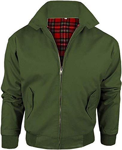 Harrington-jacka med rutigt foder, tillverkad i Storbritannien, herr, med dragkedja, klassisk bomberjacka, kaki, XL