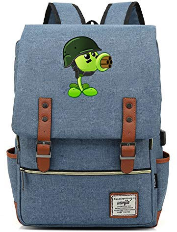 WANHONGYUE Plants vs. Zombies Spiel Backpack Vintage Schulrucksack Schulranzen Studententasche 15,6 Zoll Laptop Rucksack mit USB-Ladeanschluss Sky Blue / 2