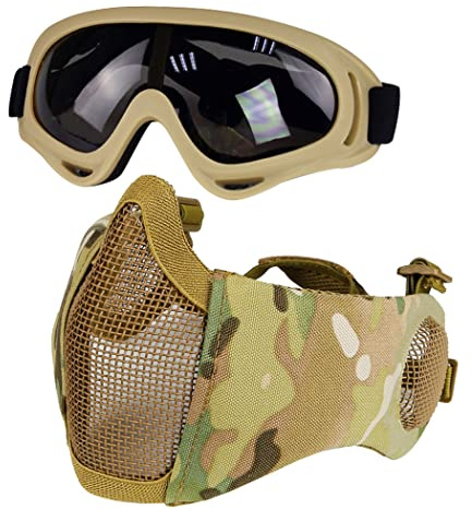 Yzpacc Airsoft Mask with Goggles, Foldable Half Face Airsoft Mesh Mask with Ear Protection for Paintball Shooting Cosplay CS Game