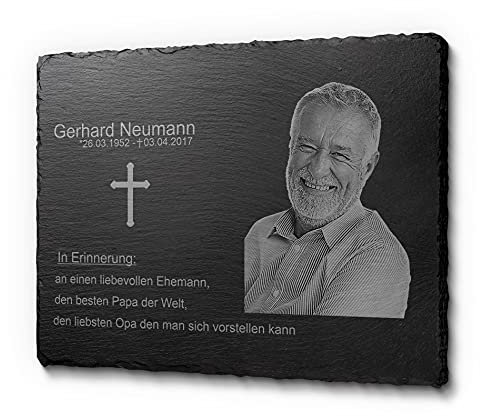 Grabschmuck für Menschen aus Schiefer mit Gravur - Grabtafel Gedenkstein mit Foto als Andenken an Verstorbene - personalisierte Grabdeko - 22x14 cm o. 30x20 cm