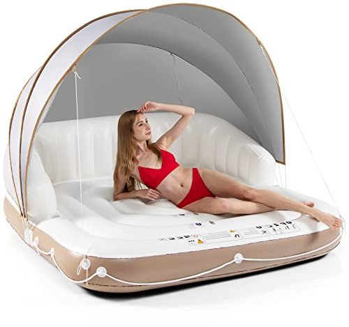 Giantex Canopy Island, Pool Float w/SPF50+ Retractable Detachable Sunshade, Adult w/2 Cup Holders High Backrest Armrest, 71 x Island Inflatable Lounge, Load 440LBS