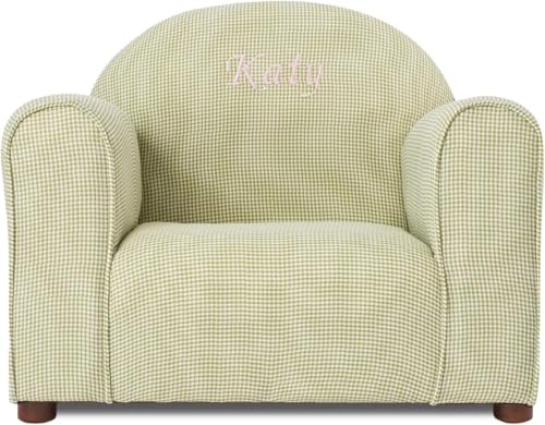 Keet Personalized Gingham Kids Chair with Custom Name Embroidery, Soft Microsuede Fabric, Padded Cushion, Wooden Frame, Ages 2-5, Comfortable & Stylish Toddler Armchair for Playroom & Bedroom.