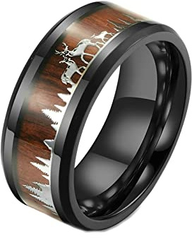 Ayoiow Anillo Hombre Acero Plata Anillos Hombres Caballero Incrustación De Anillos De Banda Unida Con Patrón Madera Y Alce, one size, Metal, Libre de circón