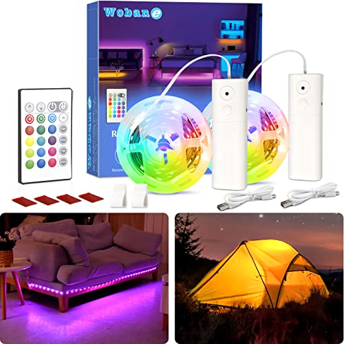 WOBANE Rechargeable RGB LED Strip Lights with Remote Control,2 * 2m Battery Powered Strip Light,Color Changing Led Lights for Bedroom,Party,Shelf,Sofa,Desk,Game,Holiday,DIY Indoor Decoration,2000mAh