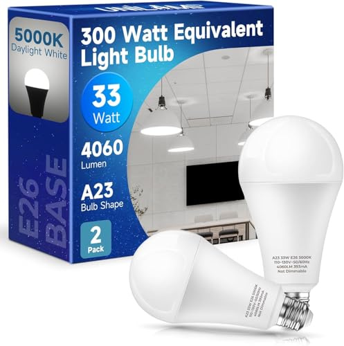 UNILAMP 300 Watt Equivalent LED Light Bulb: Super Bright 4060LM Bulbs, A23 Daylight 5000K E26 33W Energy Saving LED Bulb for Garage,Warehouse,Workshop,Supermarket, Backyard, Non-Dimmable, 2-Pack