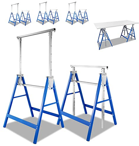 Sonnewelt Lot de 6 tréteaux de travail Bleu Hauteur réglable 80-130 cm Tréteau d'échafaudage stable jusqu'à 200 kg avec un dispositif antidérapant