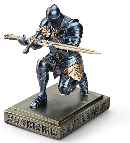 Amoysanli Medieval Armored Warrior Knight Pen Holder Desk Organizers and Accessories Resin Pencil Holder Paperweight as Gift with a Cool Letter Opener for Desk (Blue)