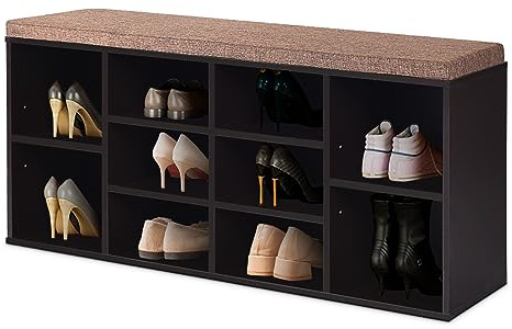HOMASIS Schuhbank mit Sitz, Schuhregal aus Holz mit Polsterung, Sitzbank mit 10 Fächern, Schuhschrank mit 2 höhenverstellbaren Ablagen für Eingangsbereich, Flur, Wohnzimmer, 104 x 30 x 48 cm (Braun)