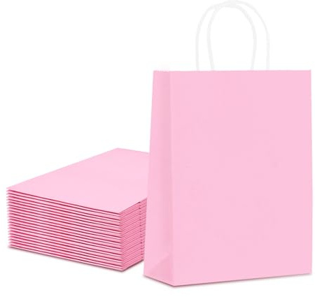 Papiertüten mit Henkel, 20 Stück Geschenktüten Papier - 21x15x8CM, Rosa Kraftpapiertüte für Geburtstagsfeier, Hochzeitsfeier, Geschenk, Restaurant zum Mitnehmen, Einkaufen, Einzelhandel