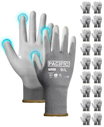 PACIFIC 18 pares de guantes de seguridad con revestimiento de poliuretano, guantes de trabajo multiusos, para hombre, punto sin costuras, agarre potente, gris, L/9