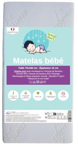 Easy Dort Matelas 70x160 cm Enfant | Matelas Enfant | Fabriqué en France | Été & Hiver | Double Face | Très Confortable | Housse en Bambou Blanc