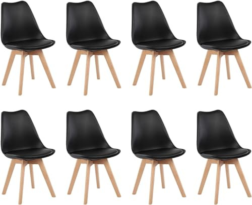 H.J WeDoo Chaises Salle à Manger Lot de 8 Chaises Scandinaves, Chaise Design Rembourrée Chaises de Cuisine, Pieds en Bois de Hêtre Massif,Noir