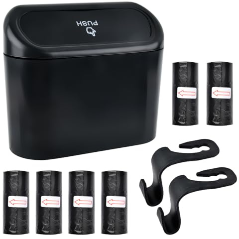 HUMOKI Mini Car Bin, Car Trash Can, Car bins With Lid and 6 Rolls 90 pcs Trash Bags | 2 Auto Hooks, Portable Hanging Car Trash Can,Hanging Car Bin, for Car Home