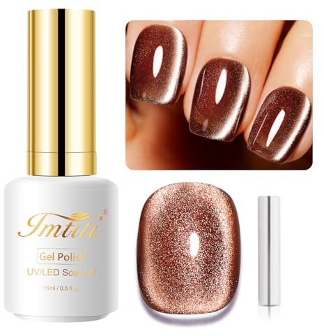 Imtiti Brown Gold Color Gel Nail Polish,15ML Holographic 9D Cat eyes Glitter Magnetic Gel Polish UV Nail Polish with Magnetic Stick for Nail Salon