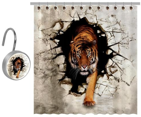 VAPOKF Tiger Walk from Destroyed Wall Prints Tenda da doccia in poliestere, set con 9 ganci in acciaio inox, per bagno, rustico, 122 x 182 cm