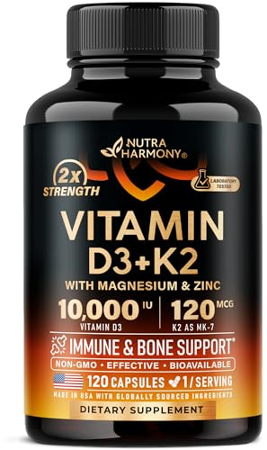Vitamin D3 K2 - Vitamin D3 10000 iu & K2 as MK-7 120 mcg - Immune & Mood Support, for Bone & Teeth Health - with Magnesium, Zinc & Vitamin C & B12 - Highly Bioavailable - Made in USA, 120 Capsules