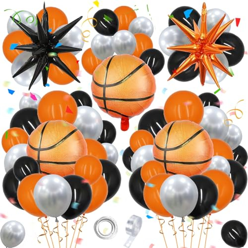 107 Stück Luftballon Girlande Luftballons Basketball | mit Explosionsstern Luftballon Basketball Deko Geburtstag Folienballon Basketball Orange Silber Schwarz Ballon