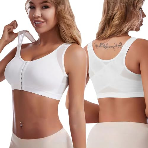 KOEMCY Sport BH Damen Starker Halt Vorderverschluss Vorderverschluss Ohne Bügel Und Einlagen Ohne Bügel Postoperativer BH für Nach Brust OP Fitness Lauf Yoga(Weiß/XL)