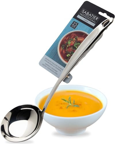 Sabatier Professional Large Metal Ladle - Mirror Polished Stainless Steel. Strong Kitchen Cooking Utensil Tool. Perfect for Serving Soups, Sauces and Stews. 5 Year Guarantee, Dishwasher Safe