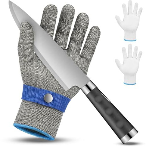 flintronic Guantes Anticorte Nivel 9, Guantes Trabajo Malla Acero, Guante Protección de Seguridad, Guante Carnicero, Viene Con 2 Manos de Nailon, para Descascarar Ostras, Tallar y Cortar Madera (S)