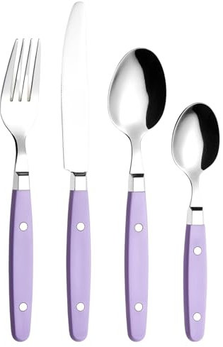 Exzact Cuberterías 24 Piezas Acero Inoxidable - con Asas de Remache artesanales/Cubiertos de Estilo Retro - 6 x Tenedores, 6 x Cuchillo, 6 x cucharas de Mesa, 6 x cucharas de té (Lila)