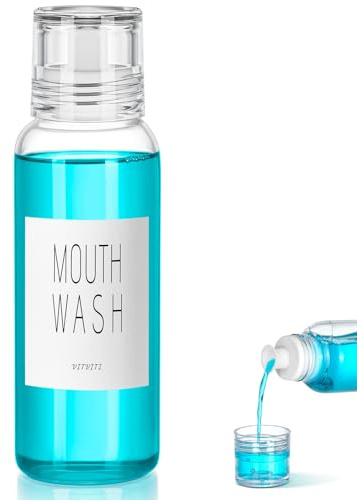 Dispenser di collutorio in vetro per bagno, contenitore piccolo per bottiglia di collutorio | Bottiglia per collutorio da 283,5 g con coperchio e tazza, da banco trasparente, ricaricabile, per collutorio, bianco
