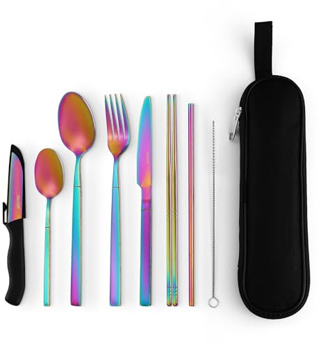 hecef Reusable Stainless Steel Travel Cutlery Set with Case – Portable Flatware for Outdoor, Camping & Office Use (Multicolor) / Dishwsher Safe