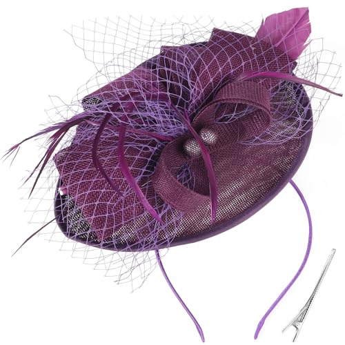 DRESHOW Blume mit Einzelnem Pfeil Feder Fascinators Hut Stirnband und Eine Gegabelte Clip Braut Kopfbedeckung Derby Fascinator Pillbox Hut Kopfschmuck für Mädchen & Damen