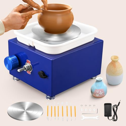 Mini Töpfermaschine, 2000RPM Einstellbare Geschwindigkeit Metall-Drehteller Töpferscheibe von 10/6.5CM Tonformungswerkzeugen und ABS-Becken Geliefert Geeignet für Töpfer-Heimwerker (Marineblau)