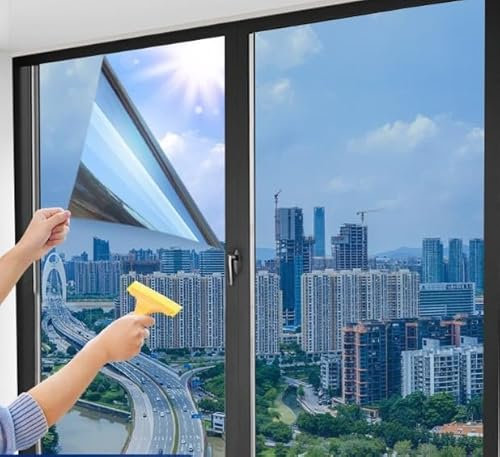 Niviy One Way Window Film Privacy Film for Glass Windows 44.5x200cm, Heat Reflective Window Tint Film & UV Blocking Stickers, Anti Glare Films for Home Office, Silver