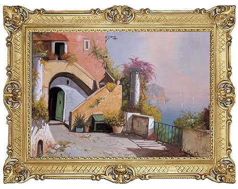 Generisch Wunderschönes Gemälde 90x70 A.Lisani Mediterranes Landschaftsgemälde mit Ornamentrahmen, Goldener Vintage-Rahmen, Küstenszene mit Architektur Antik
