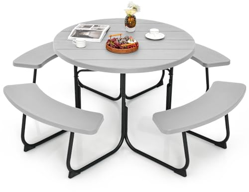 COSTWAY Sitzgarnitur für 8 Personen, Picknicktisch mit Schirmloch & 4 Bänken, runder Gartentisch mit HDPE-Tischplatte und Metallgestell, Gartengarnitur, Gartenmöbel, Sitzgruppe für Garten, Grau