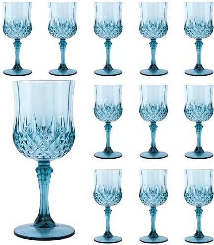 XXUE Plastic Wine Glasses Reusable | Vintage Goblets 207ml - Suitable for Wedding Receptions, Grand Events, Picnics & Disposable Party Supplies (12, Deep Blue)