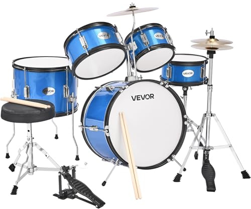 VEVOR Schlagzeug Set, 5-teilig, inkl. 40,6 cm Basstrommel, 25,4 cm Snare, 20,3 cm & 25,4 cm Tomtoms, 33 cm Standtom, Crash-Becken & 20,3 cm Hi-Hat, für Kinder von 6–13 Jahren, Blau