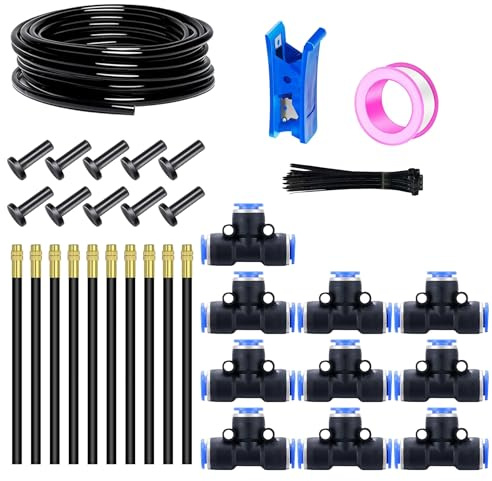 HUAZIZ 20m Pneumatik Schlauch Kit 6mm, bewässerungssystem, 360° biegbares Tropfbewässerungsset, 10Stück 8 mm Bewässerungsdüsen, 10Stück Pneumatik Steckverbinder, für Gewächshaus, Hof, Rasen, Pflanze