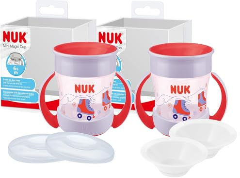 NUK Mini Magic Cup Set – 2x Trinklernbecher mit Rollschuhe Design, 160ml + 2 Ersatzdeckel & 2 Trinktüllen – Robuster, auslaufsicherer Baby Trinklernbecher