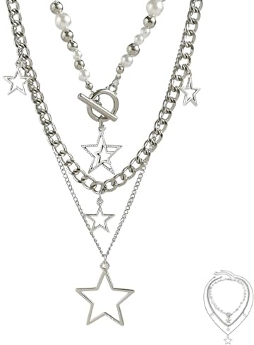 louuuou Star Necklace Silver Layered Necklaces For Women, Chunky Necklaces For Women Y2k Accessories Stacking Fashion Accessories Aesthetic Designs, Perfect For Punk Fashion Outfits, Daily Styling
