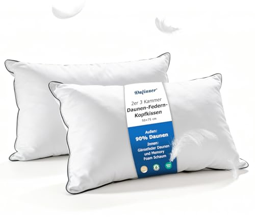 Dafinner Cuscino 50 × 75 cm Coppia 2 Pz, 90% Piumino scomparti est. Miscela di Piume scomparto int., Oeko-TEX Downpass Supporto Medio Cotone Biologico
