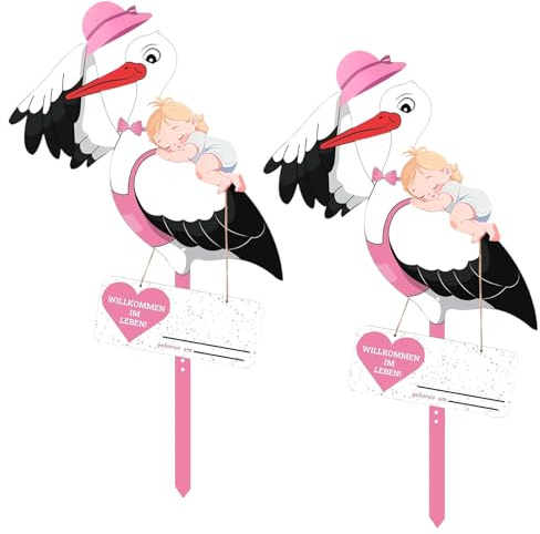 Klapperstorch zur Geburt – 2 Störche für Draussen Junge & Mädchen | inkl. 2 Holz-Grußkarten | beidseitig bedruckt, wetterfest, aus Holz, Geschenk Deko Babyparty (Rosa)