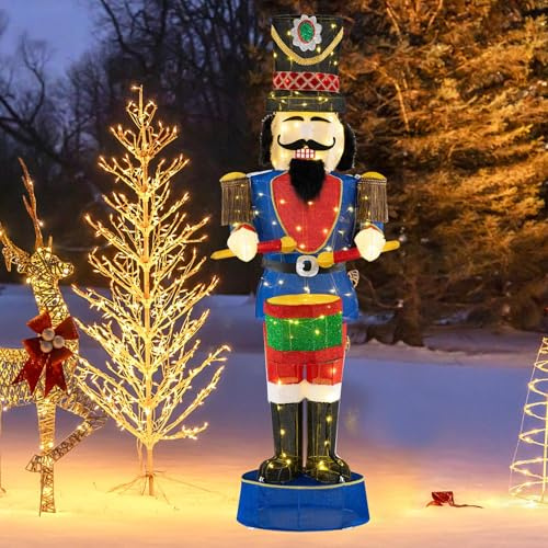 COSTWAY Weihnachten Nussknacker Figur groß, 185 cm beleuchtete Weihnachtsdeko XXL, Weihnachtsfigur mit Trommel & 100 LED-Lichtern, Weihnachtsdekoration, Weihnachtsbeleuchtung für außen und innen