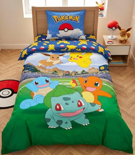 Pokémon, Parure de Lit Enfant Gamer pour Lit 1 Place, Motif Pikachu Battle Stadium, Ensemble 2 pièces Housse de Couette Réversible 140x200 cm et Taie d'oreiller 63x63 cm, Textile Certifié Oeko TEX