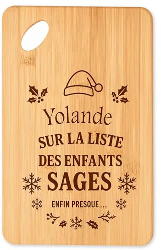 Planche à découper Yolande Liste des enfants sages - Plateau Apéro en Bambou Cadeau Noël Gravé Collègue Cuisine Barbecue
