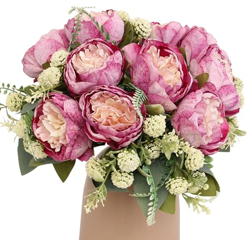 KP HOME Bouquet De Pivoines Artificielles en Soie – 12 Têtes, H 28 cm, Tiges Flexibles – Fleurs Artificielles Violet pour Intérieur Et Extérieur, Centre De Table, Décoration Événements Ou Cimetière