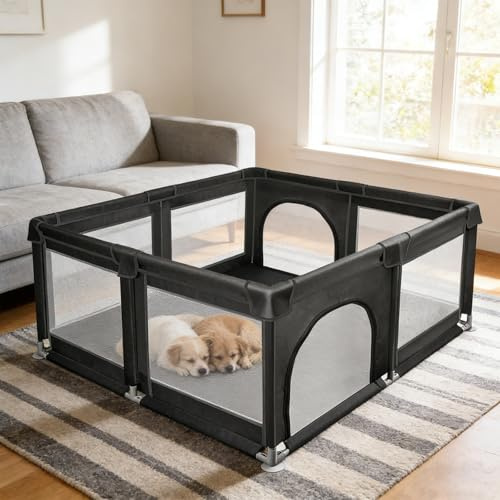 Laufstall für Hunde und Welpen mit Tür und Saugnäpfen aus TPR, Innengehege aus Oxford-Stoff und Nylonnetz, für kleine und mittlere Tiere (Schwarz, 120 x 120 cm)