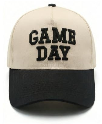 Game Day Hat Adjustable Two-Tone Baseball Cap with 3D Puff Embroidery (Black Beige)
