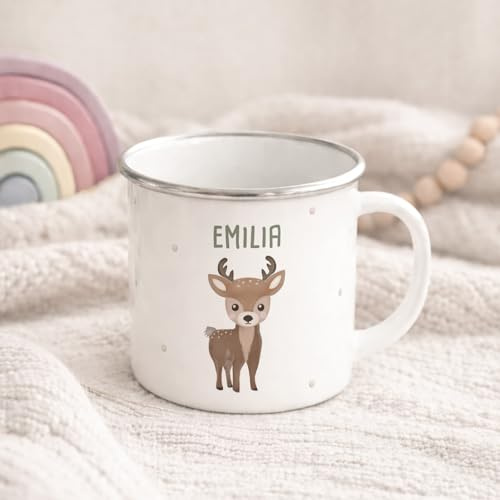 hellomini Personalisierte Emaille Tasse für Kinder, Kindertasse mit Wunschmotiv, Kinderbecher mit Namen, Geschenk zum Geburtstag für Mädchen und Jungs, (Reh)