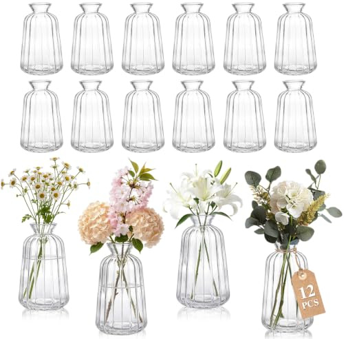 Tismels 12 Stück Kleine Vasen, kleine vasen für tischdeko 180ml | Blumenvase Set, Glasmaterial, Mini Glass Vases, ideal für Hochzeiten,Birthdays,Festivals,Party Vasen Set