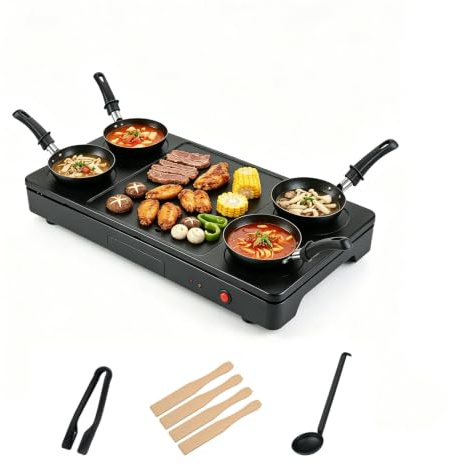 LIFEZEAL 2 en 1 Plancha Électrique, Grill Raclette pour Famille&Groupes | Plaque de Cuisson Électrique avec 4 Woks Antiadhésifs, Pince à Grill, Cuillère, 4 Spatules en Bois et Bac à Graisse